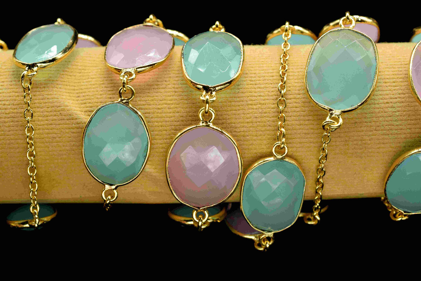 Aqua Chalcedony & Pink Chalcedony Oval Connector Chain,Gemstone Gold Plated Rosary Chain,Bezel chains, Chalcedony Gold Bezel Connector Chain