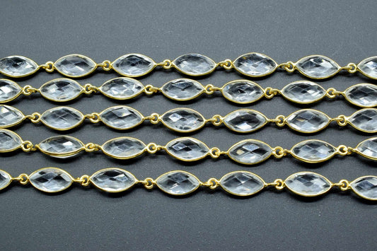 Crystal Quartz Bezel Chain I Handmade Bezel Link Chain I Clear Quartz Gold Plated Bezel Chain IBrass Chain,Gemstone Connector Chain Per Foot