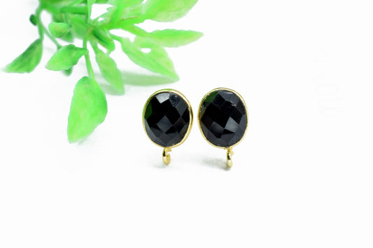 8x10mm oval Black onyx Earring Connector,Connector,Jewelry Making Supply,Ear Post Studs Connector,Single Loop Gemstone Earring Connector,