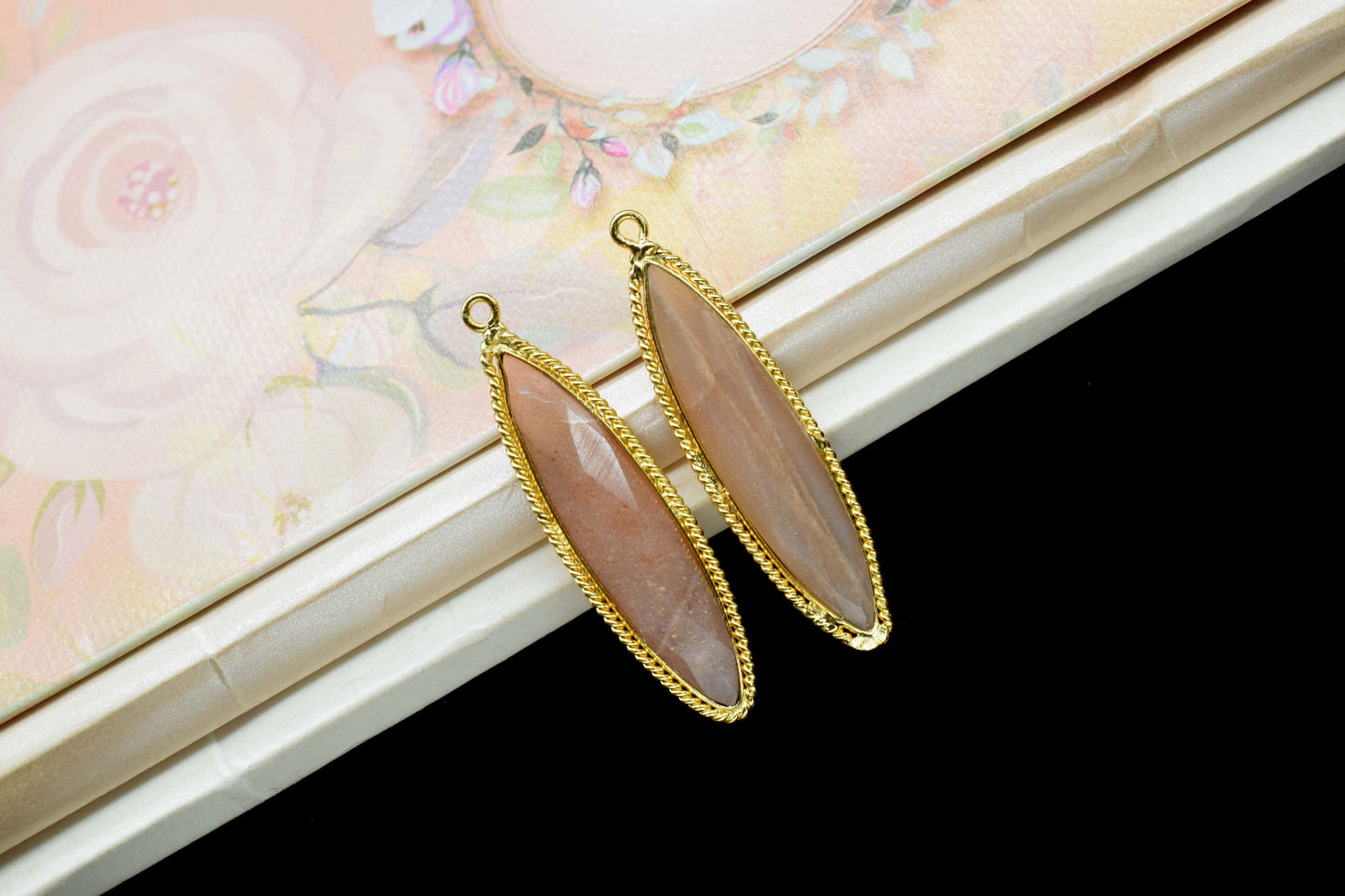Peach Moonstone Charms 7x34mm Marquise Shape Connector,Peach Moonstone Pendants,Peach Gemstone Gold Plating Single Bail Jewelry Connector