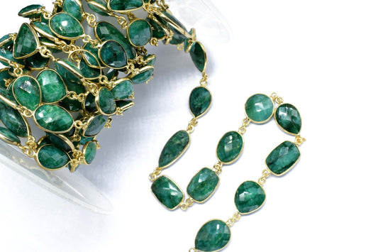 Natural Emerald Faceted Connectors, Gold Bezel Chain, Free Size Gemstone Connector, Handmade Station Bezel Link Chain, Emerald Bezel Jewelry
