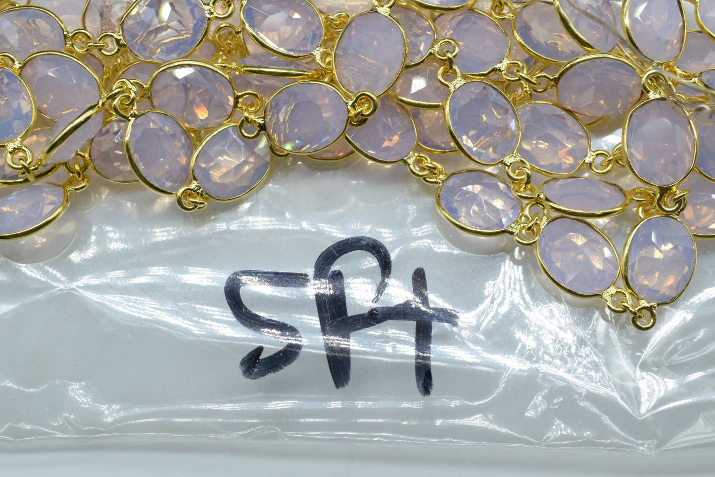 Pink Opalite Gold Plated Bezel Chain Gemstone Connector, Oval Necklace Chain,Bezel Connector Chain,Selling Per Foot,Jewelry making chains