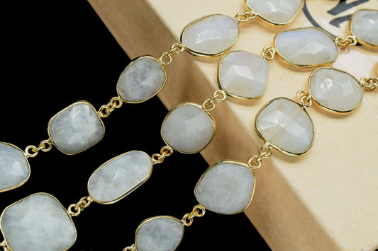 Rainbow Moonstone Connector link-Gold Bezel Chain,Free Size Faceted Gemstone Connector,Handmade Bezel Link Chain,Rainbow Moonstone Jewelry