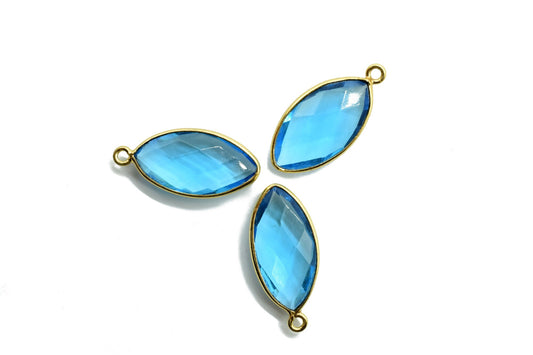 London Blue Topaz 10x20mm Marquise shape charm,Brass Gold Plated bezel,Blue Topaz Faceted Briolette Connector,Topaz Bezel Pendant,Blue Topaz