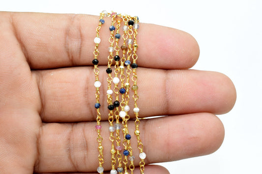 Multi Stones 2mm Beaded Chain,Multi Stones Rosary Chains,Gold Plating Wire Wrap Chain,Brass chain,Jewelry Making Chain,Multi Stones chains,