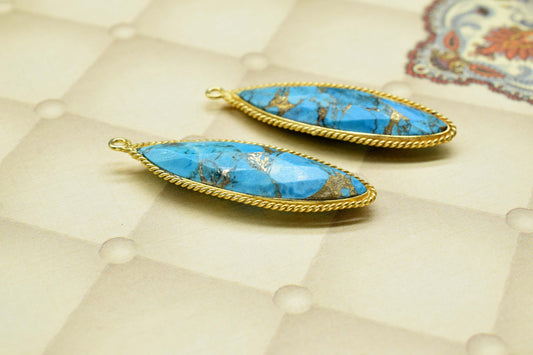 Blue Copper Turquoise 10x34mm Marquise Shape Charms Pendant,Turquoise Single Bail Pendant,Copper Turquoise Gold Plating Gemstone Charms,Gift