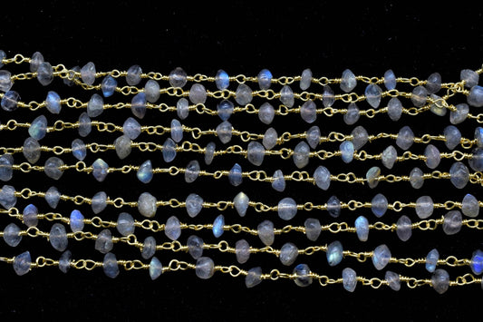 Labradorite 4mm Smooth rondelle Beaded Chain,Labradorite Gold Rosary Chain,Gemstone Chains By the Foot for Rosary Necklace,Rosary Roll Bulk4