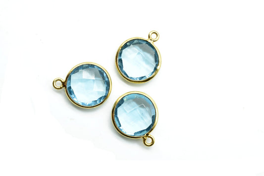 Sky Topaz 12mm Round charm,Brass Gold Plated bezel,Sky Topaz Pendant,Teardrop,Light Gold Bezel Trim Edge Faceted Gemstone,Sky Topaz charm