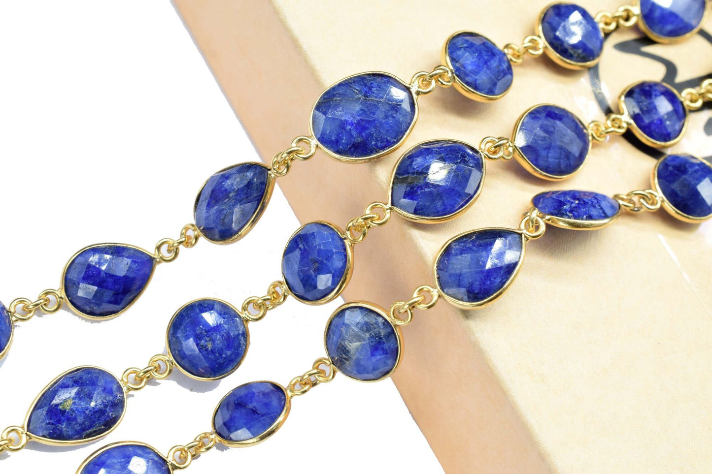 Blue Sapphire Faceted Bezel Connector, Sapphire Bezel Chain, Free Size Gemstone Connector, Jewelry Making Chain, Blue Sapphire Bezel Jewelry