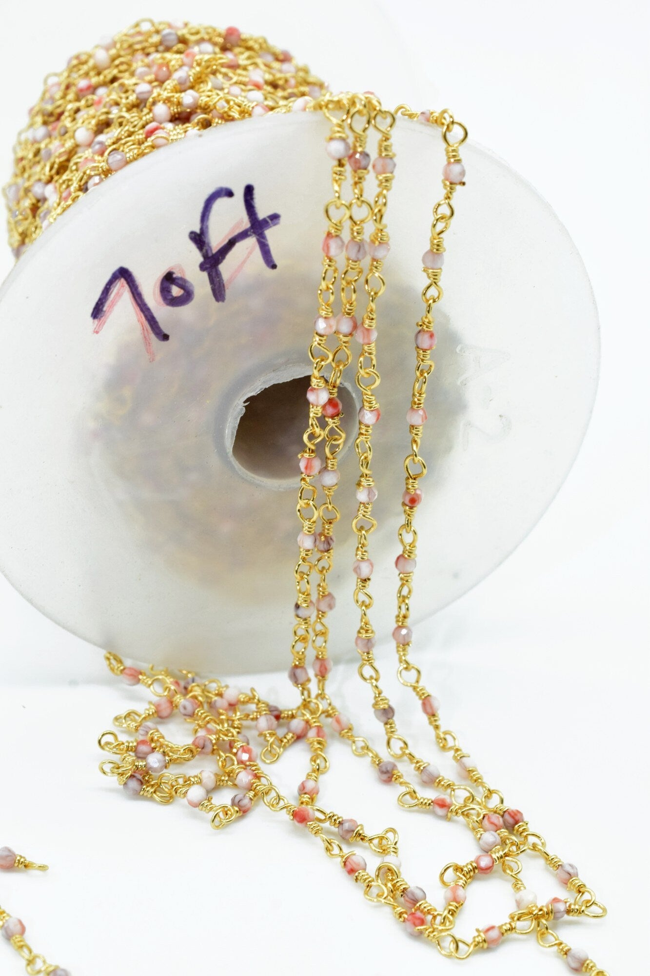 Pink Opal Rosary chain,Pink Opal beaded chain,Gemstone beaded chain,2mm beaded chain,Gold plated beaded chain,Opal rosary, beaded chain roll