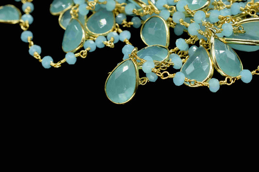 Aqua chalcedony 8x12mm Faceted Bezel Connector Link Chain,Aqua 3mm Faceted Beads chain,Gemstone Bezel Connector link Chain,Aqua Rosary chain