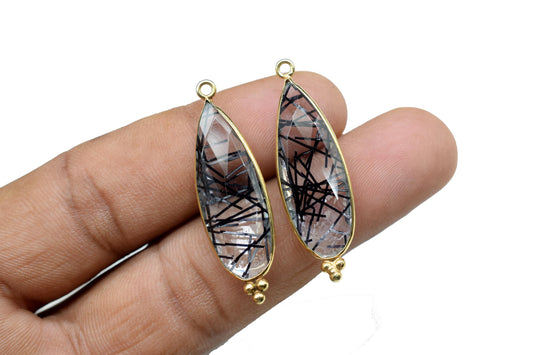Black Rutile Quartz 10x30mm Bezel charms,Black Rutile Pendants,Jewelry making Connectors,Gemstone Bezel Connectors,Designer Bezel charms,