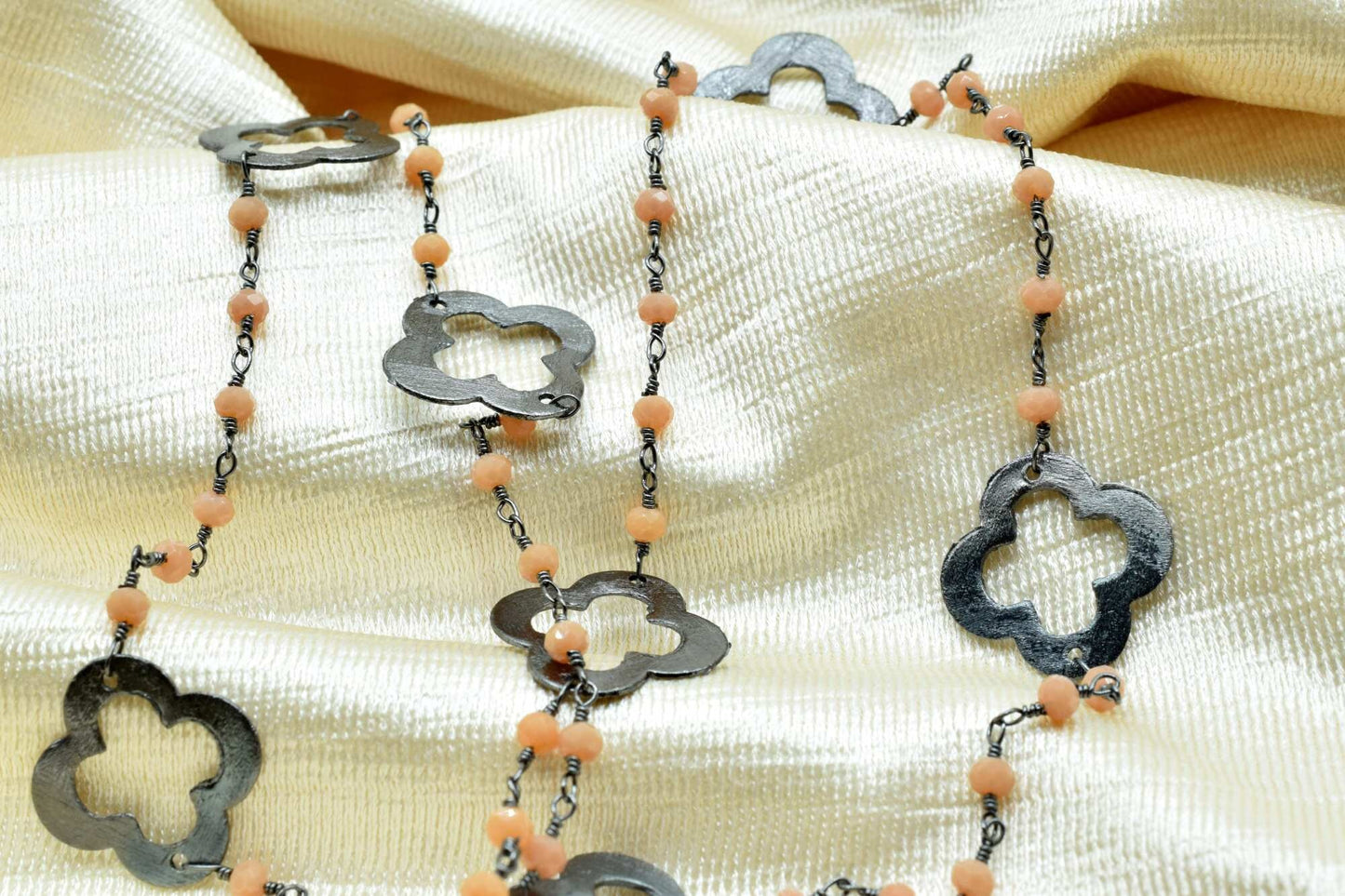 Peach Agate 3mm Beaded Chain,Peach Agate Rosary Chains,Peach Agate Gold Plating Wire Wrap Chain,Brass chain,charm rosary,clover rosary chain