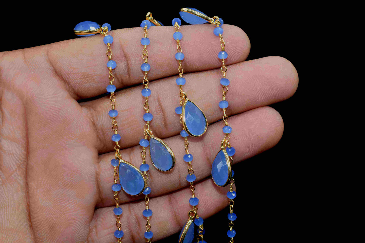 Blue Chalcedony 8x12mm Bezel Chain,Gemstone Teardrop Faceted Connector,Beaded Jewelry Making Chain,Handmade Bezel Link,Blue Quartz Jewelry