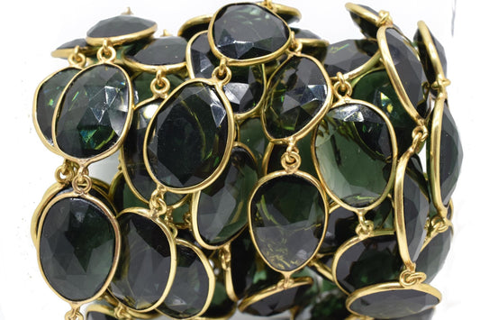 Green Tourmaline Bezel Connector Chain,Free form Size Faceted Gemstone Connector Chain,Handmade Bezel LinkChain,Gold Plated Bezel Link Chain