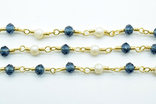 London Blue Topaz Beaded Rosary Chain,Pearl Beaded Rosary Chain,jewelry making Chain,Gemstone Rosary,wire wrapped rosary,3mm Beaded rosary