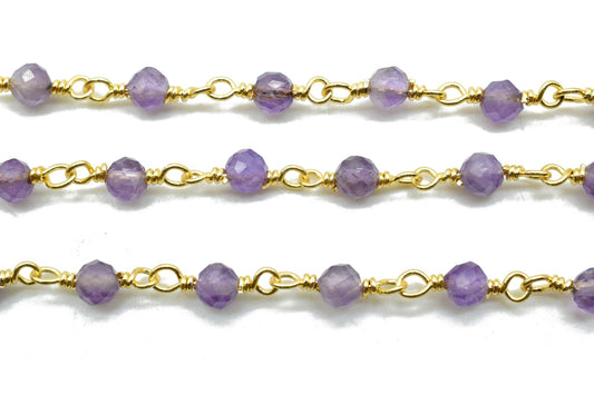 Amethyst 3mm Beaded Chain,Amethyst wire wrapped rosary chain,Roundel Faceted Gold Plated Beaded Rosary Chain,Beautiful Amethyst Beaded Chain