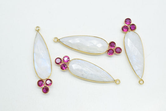 Natural Moonstone 10x30mm Pear shape Bezel charms,Moonstone Pendant,Gemstone connector,Moonstone Jewelry,Cubic zirconia Bezel charm,P121