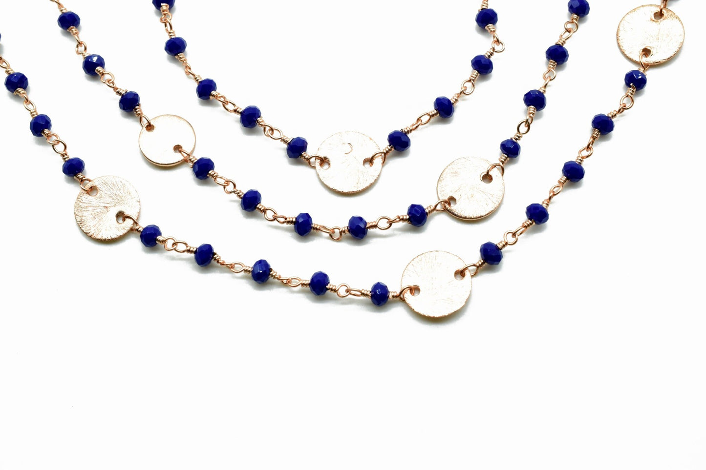 Blue Sapphire Beaded Chain 3mm-3.5mm Rosary Chain, Gold Plated Wire Wrapped Chain,charms chain,coin charms,sapphire charms,blue color chain