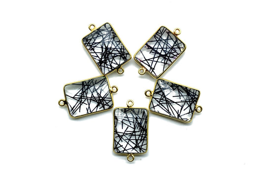 Black Rutile 15x20mm Rectangle shape double bail charm,Black Rutile Stone Pendant Charm,Black Rutile Double Bail Connectors,Cushion charms