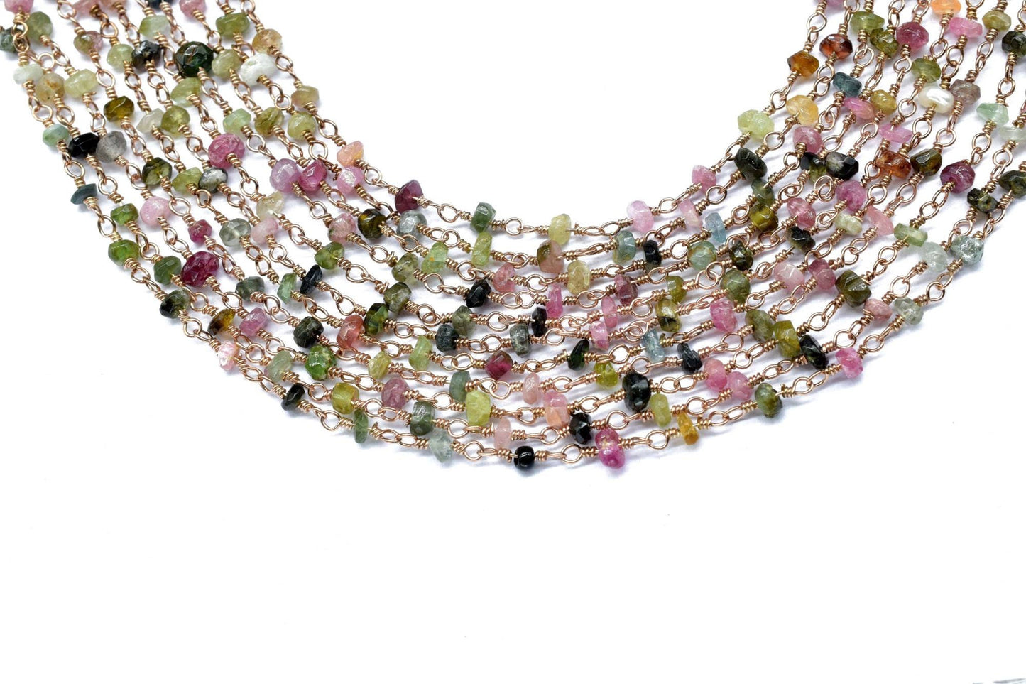 Multi Tourmaline Rosary Chain,Multi Tourmaline Wire Wrapped Rosary,3 to 3.5mm beaded chain,Natural Multi Tourmaline beaded Chain,gold chain