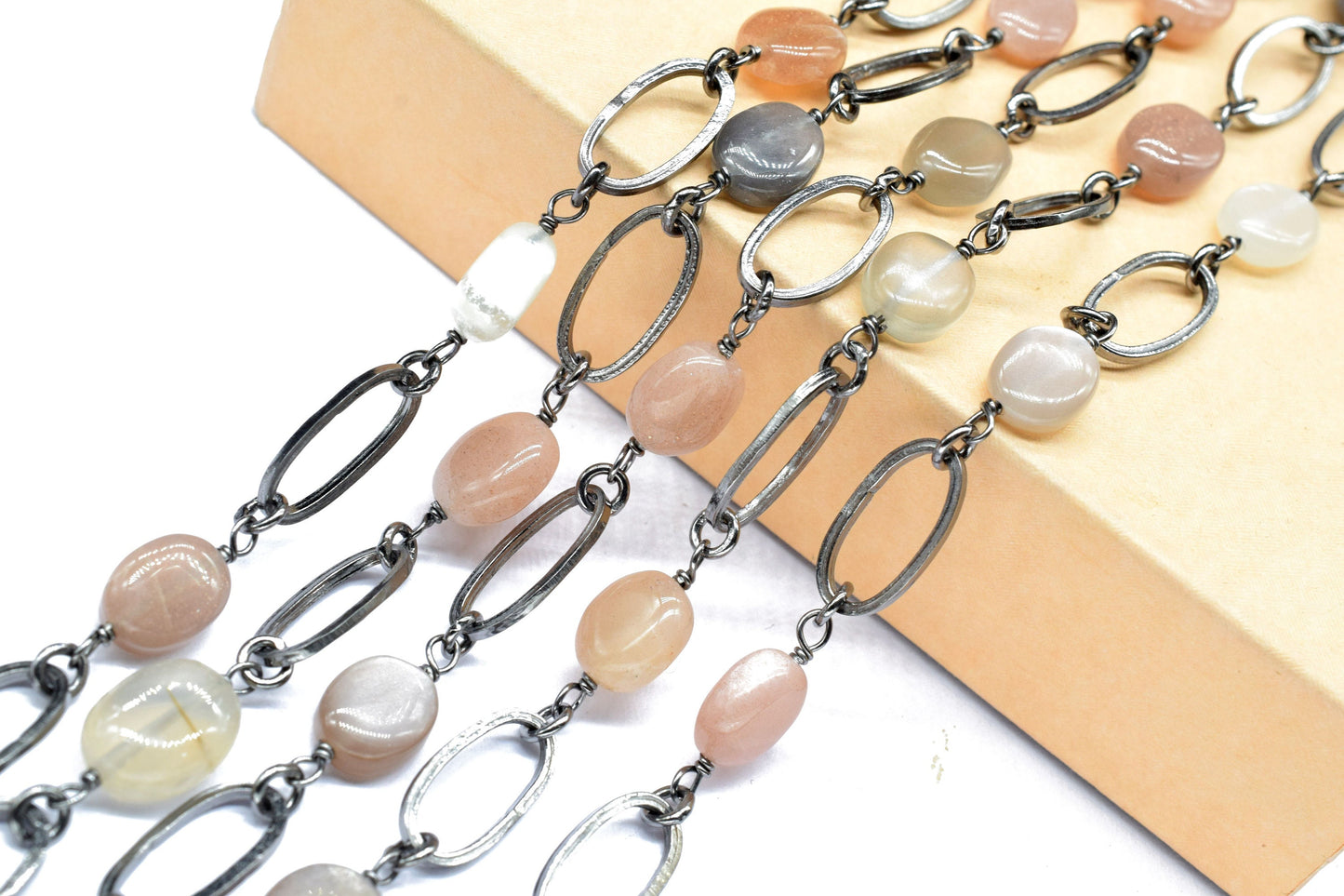 Multi Moonstone Faceted Brass Wire Wrap Chain, Bezel link chain,Moonstone Connector Chain, Moonstone charms,Gemstone link Connector Rosary