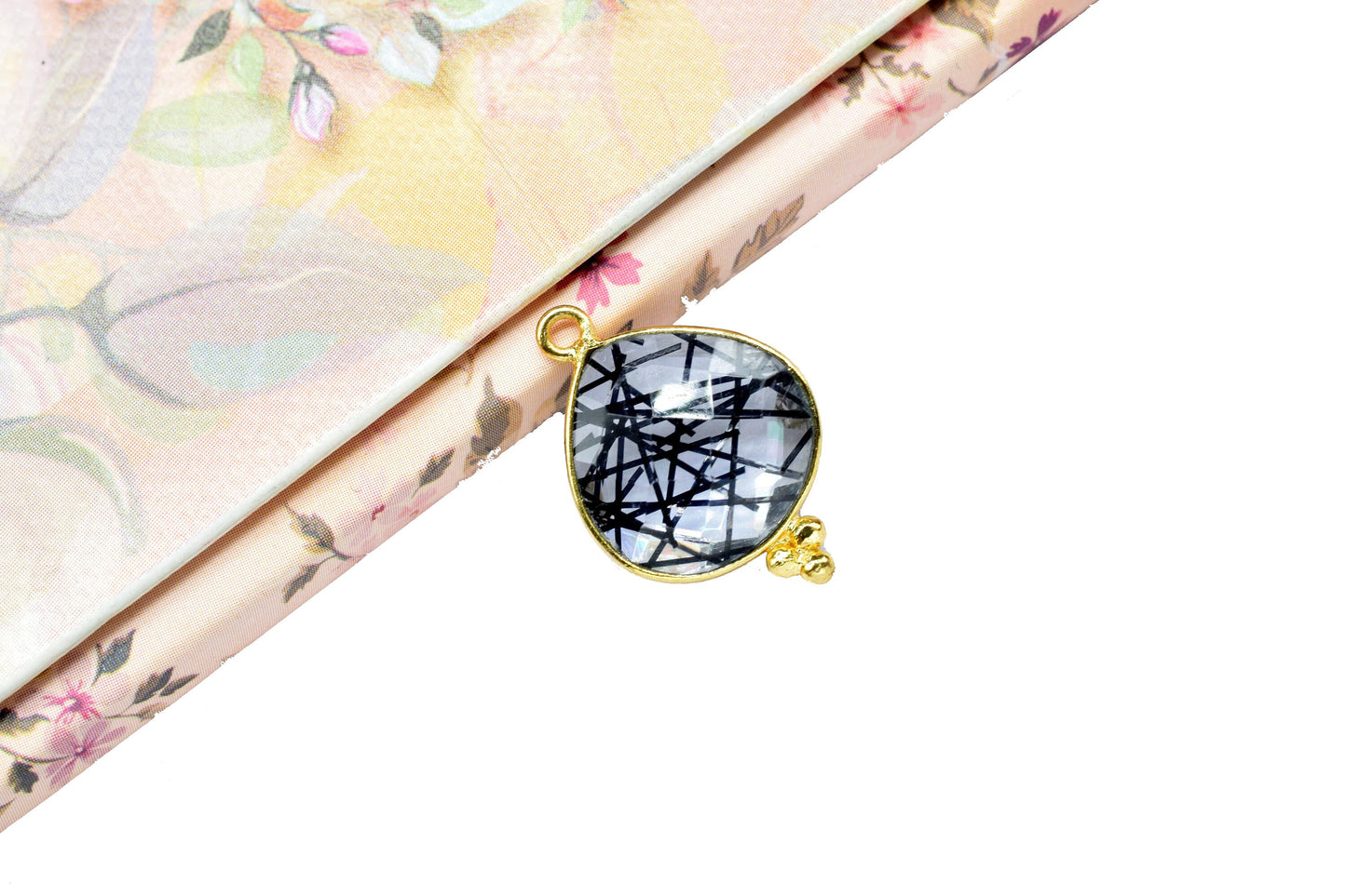 Rutile Charms jewels,Rutile Single Bail pendant,Black Rutile Gemstone 14mm Heat shape charm,Rutile Gold Plated bezel jewelry making charms