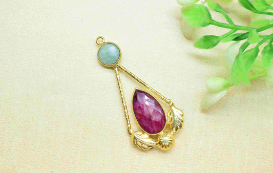 Amazonite Gemstone Pendant , Ruby Handmade Pendant , Multi Gemstone Charms , Gold Plated Gemstone Connectors , Summer Collection
