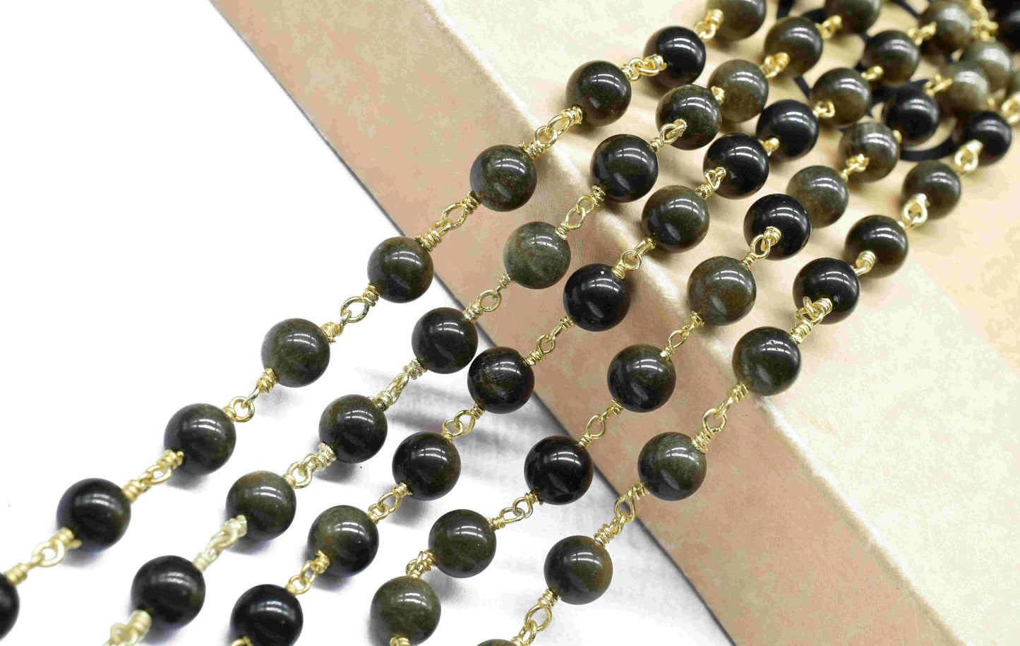 Natural Golden Obsidian Smooth Beads,Wire Wrapped Rosary Chain,beads Rosary chain Necklace,6mm Round Smooth Chain,Handmade Jewelry,Gift