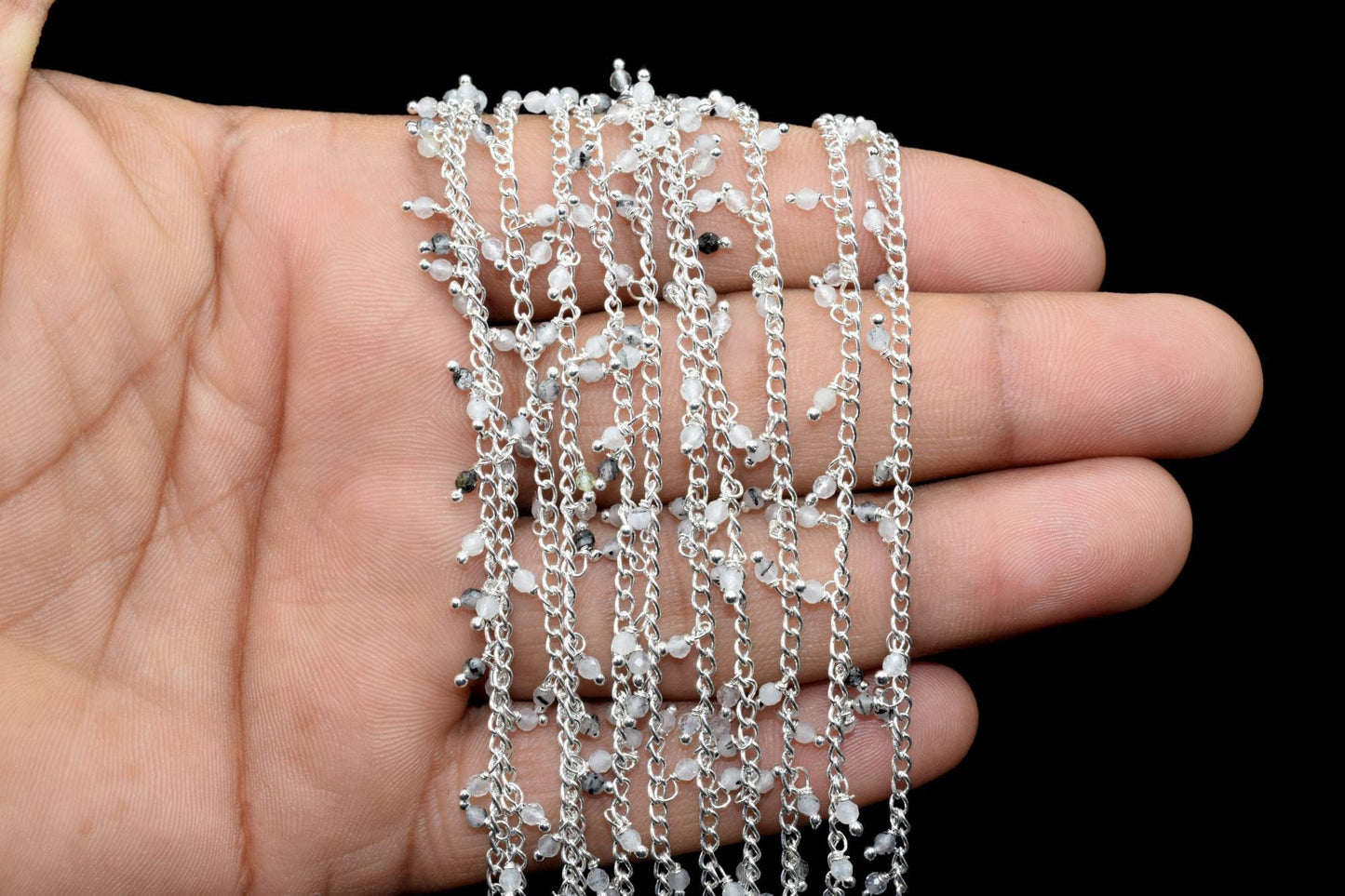 Black rutile 2mm Beaded Chain,Black Rutile Gemstone Rosary Chains, Tourmalated Quartz 3mm Faceted Beads,Rutile Wire Wrapped Rosary Chains