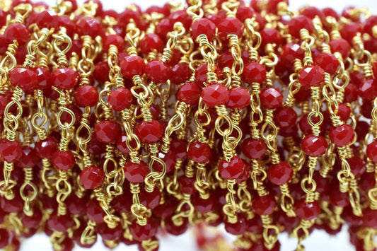Ruby Chalcedony 3mm Beaded Chain,Ruby Chalcedony Wire Wrapped Chain,Ruby Chalcedony Brass chain,Jewelry Making Chain,Beaded rosary chain,