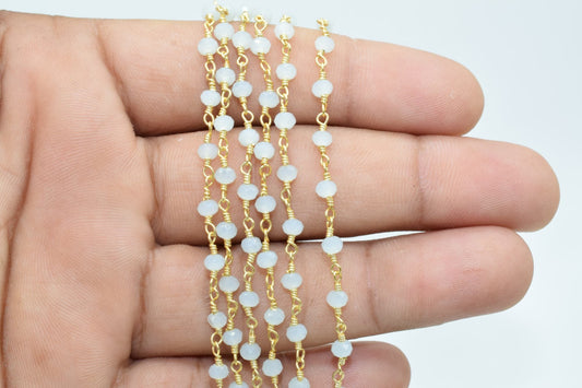 Aqua Chalcedony 3mm Beaded Chain,Aqua Chalcedony Rosary ,Gold Plating Wire Wrap Chain,Aqua Chalcedony Brass chain,jewelry making chains,gift