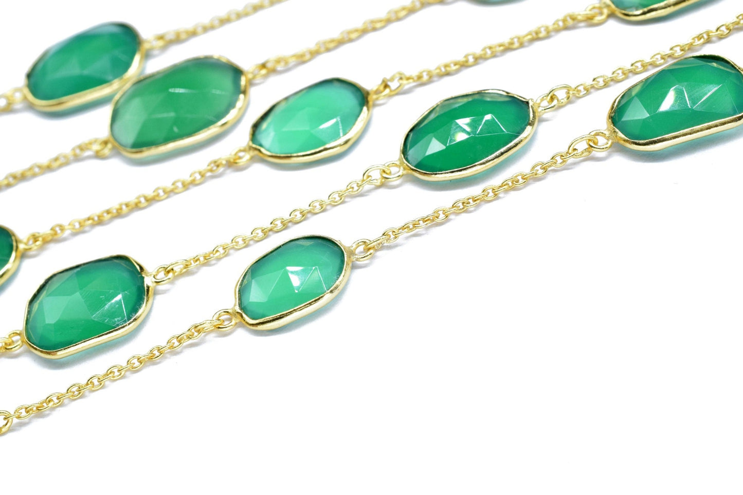 Green Onyx Faceted Connectors, Gold Bezel Chain,Free Size Gemstone Connector,Green Onyx Bezel Jewelry,Handmade Station Bezel Link Chain,Gift