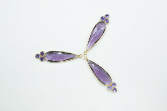 Amethyst Quartz 10x30mm Pear shape Bezel charms,Amethyst Quartz Pendant,Pruble Gemstone connector,Amethyst Jewelry,Cubic zirconia Bezel,P121