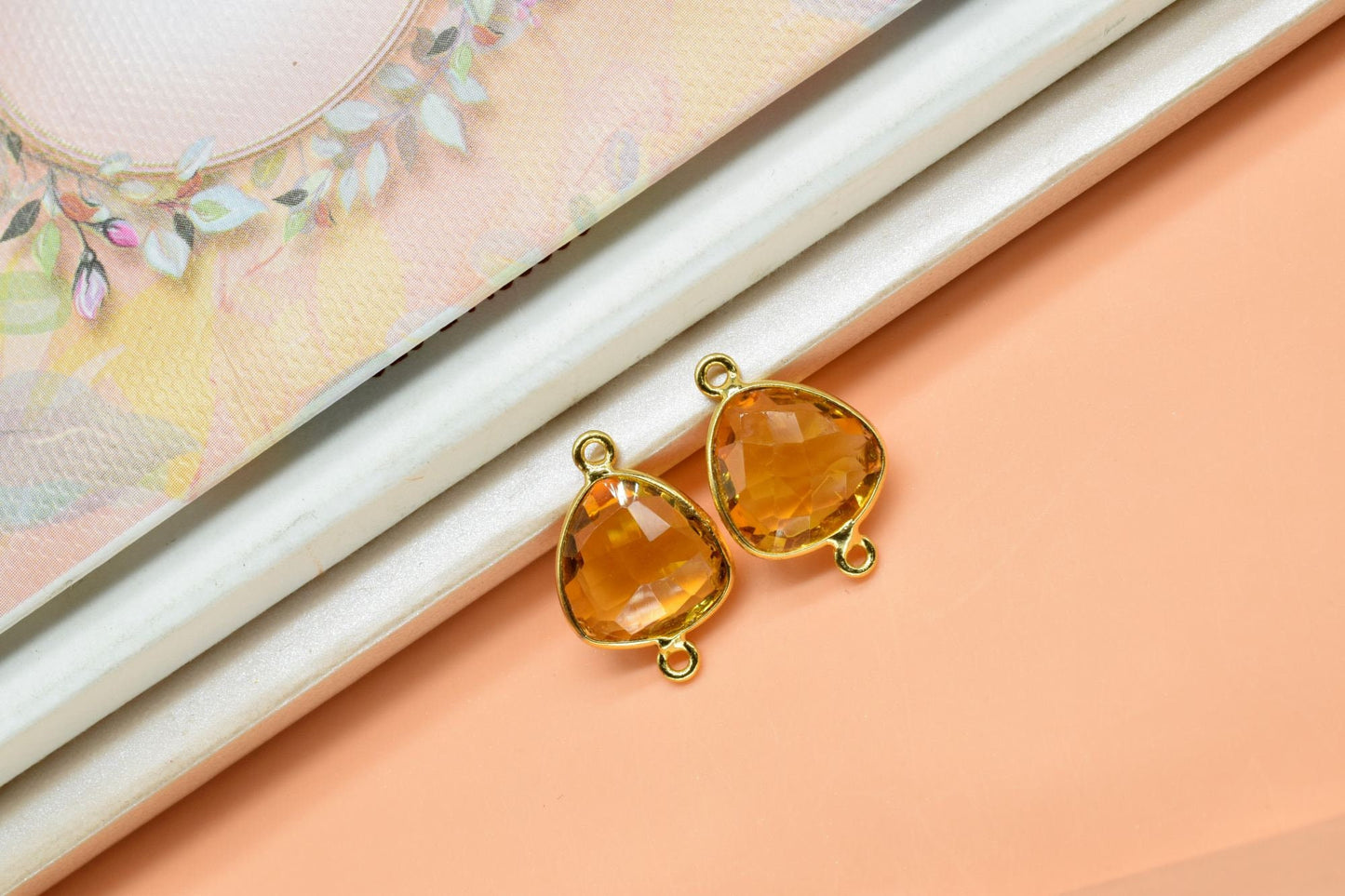 Citrine Quartz 12mm Triangle shape double bail connector,Brass Gold Plated bezel,Citrine Pendant,Citrine gold plated bezel,Citrine charms