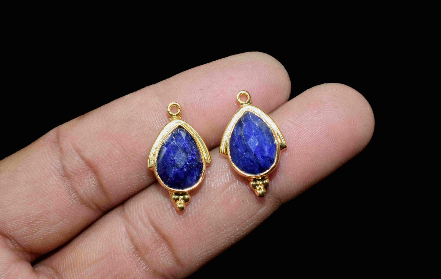 Blue Sapphire Faceted 9x13mm Peear Shape Connectors Pendant Jewelry,Sapphire Checker Cut Bezels Jewelry,Gemstone Gold Plating Charms Pendant