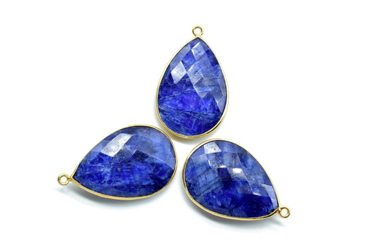 Blue Sapphire 20x30mm Pear shape Single bail connectors,Sapphire Gold plated bezel,Sapphire Briolettes,Sapphire Connector,Sapphire earrings
