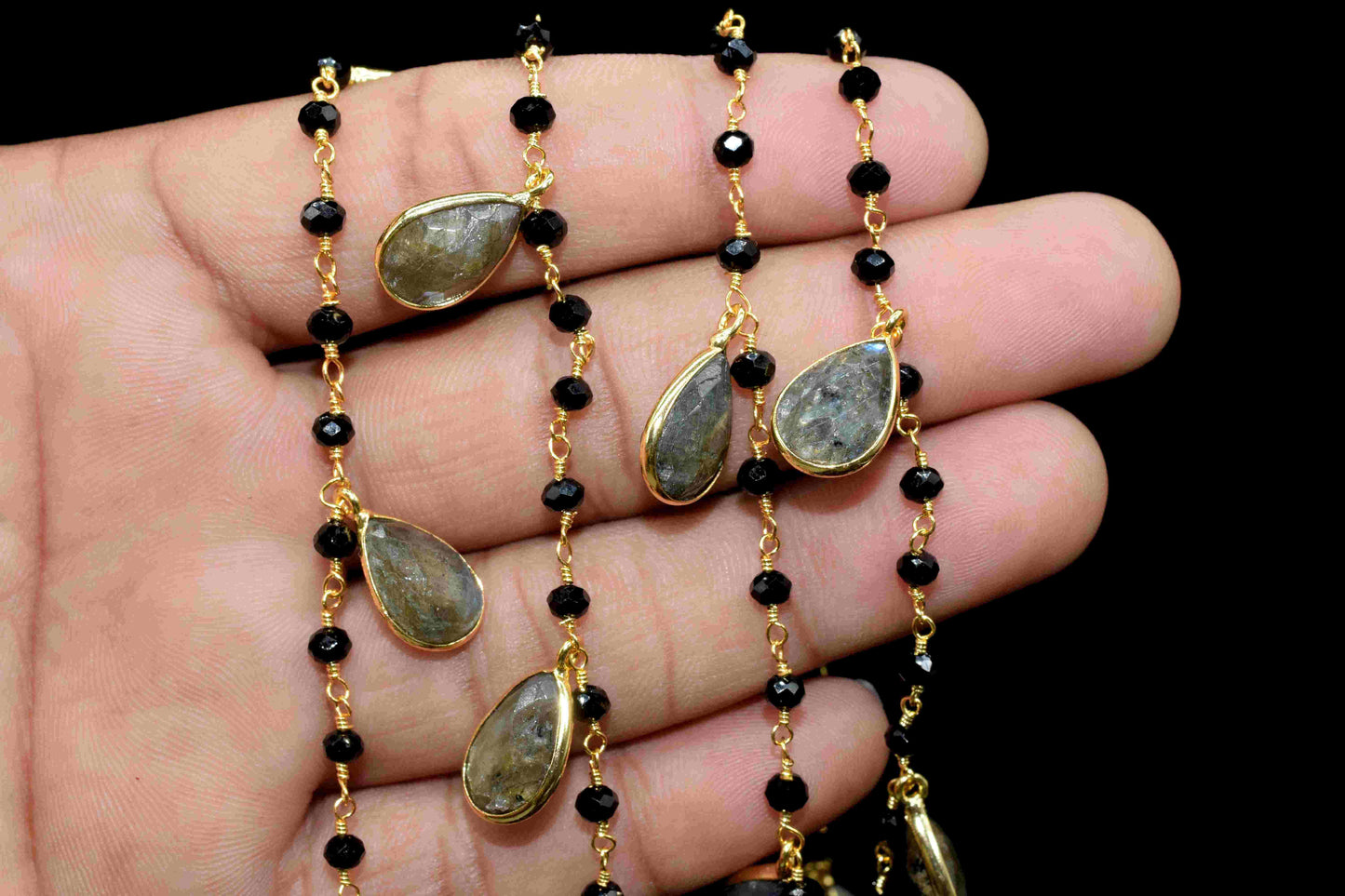 Labradorite 8x12mm Teardrop Shape Bezels Link Chain,Black Onyx 3mm Beads Chain,Labradorite Bezels chain,labradorite And Black Onyx Jewellery