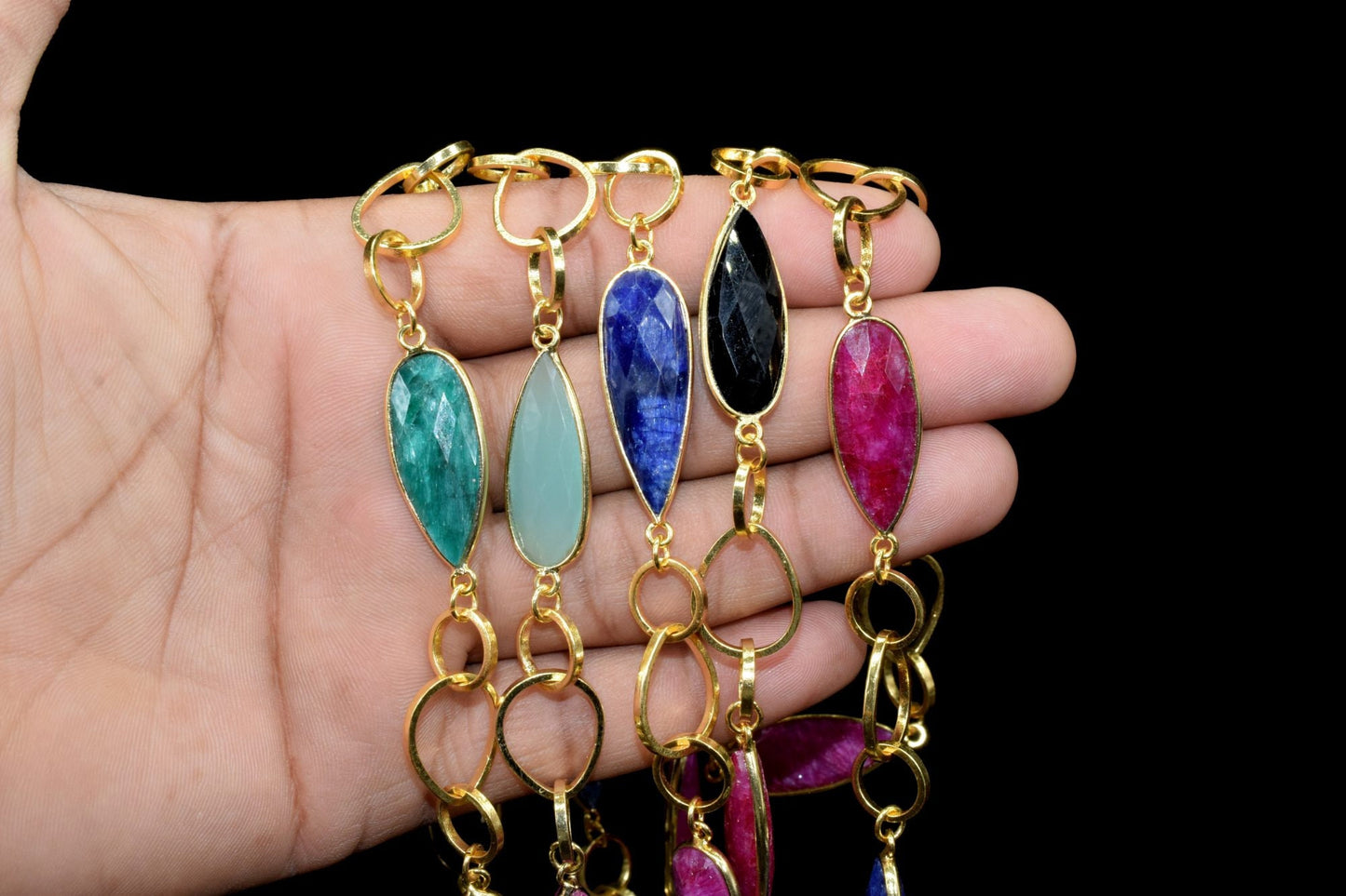 Natural Multi Precious stone 10x30mm long briolette connector link Chain,Ruby Bezel Chain,Emerald Chain,Sapphire chain,link chain,bezels