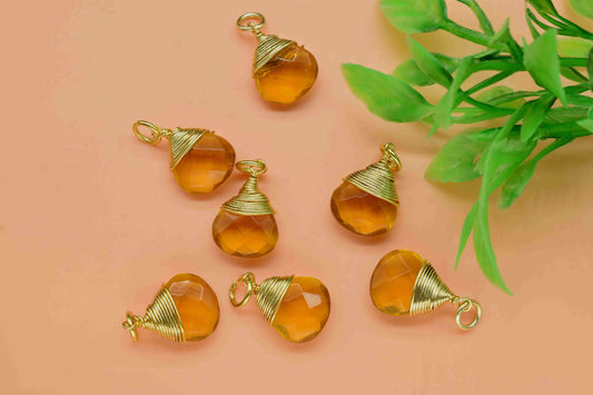 Citrine 10mm Heart Shape Connectors,Citrine Pendant,Citrine Gold Plated Bezel,Charms Jewelry Making,Wire Wrapped Charms Finding Jewelry Item