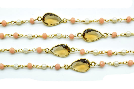 Bear Quartz Connector Chain,Multi Stone Rosary,Pearl Rosary Chain,Bezel Chain,Peach Moonstone Rosary,Wire Wrapped Rosary Chain,Bezel Links