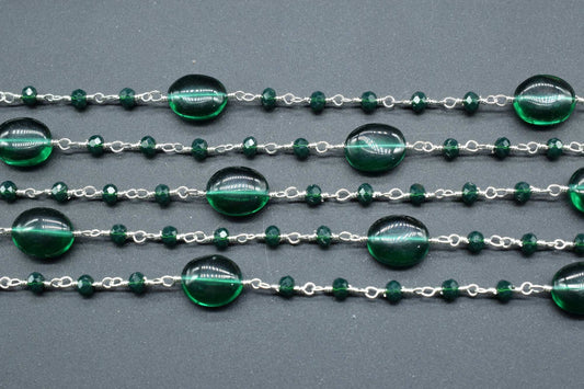 Emerald Smooth Oval Shape Chain,Emerald Silver Wire Plated Rosary Beaded Chain,Chain Per Foot,Gemstone Beads,Emerald Rosary Beaded Chain