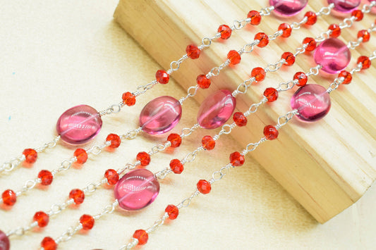 Pink Tourmaline Oval Shape Rosary Chain,Garnet Beaded Rosary Chain,Finding Wire Wrap Necklace Chain,Garnet Rosary Chain,Jewelry Making Gift