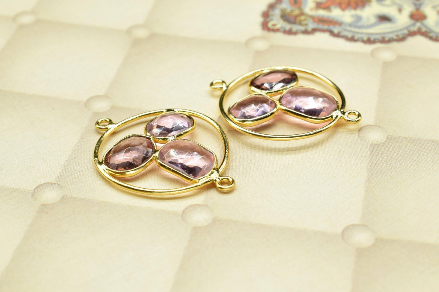 Pink Amethyst Quartz Finding 23mm Round Shape Connector,Pink Amethyst Gold Plating Double bail Connector,Pink Amethyst Quartz Gemstone Charm