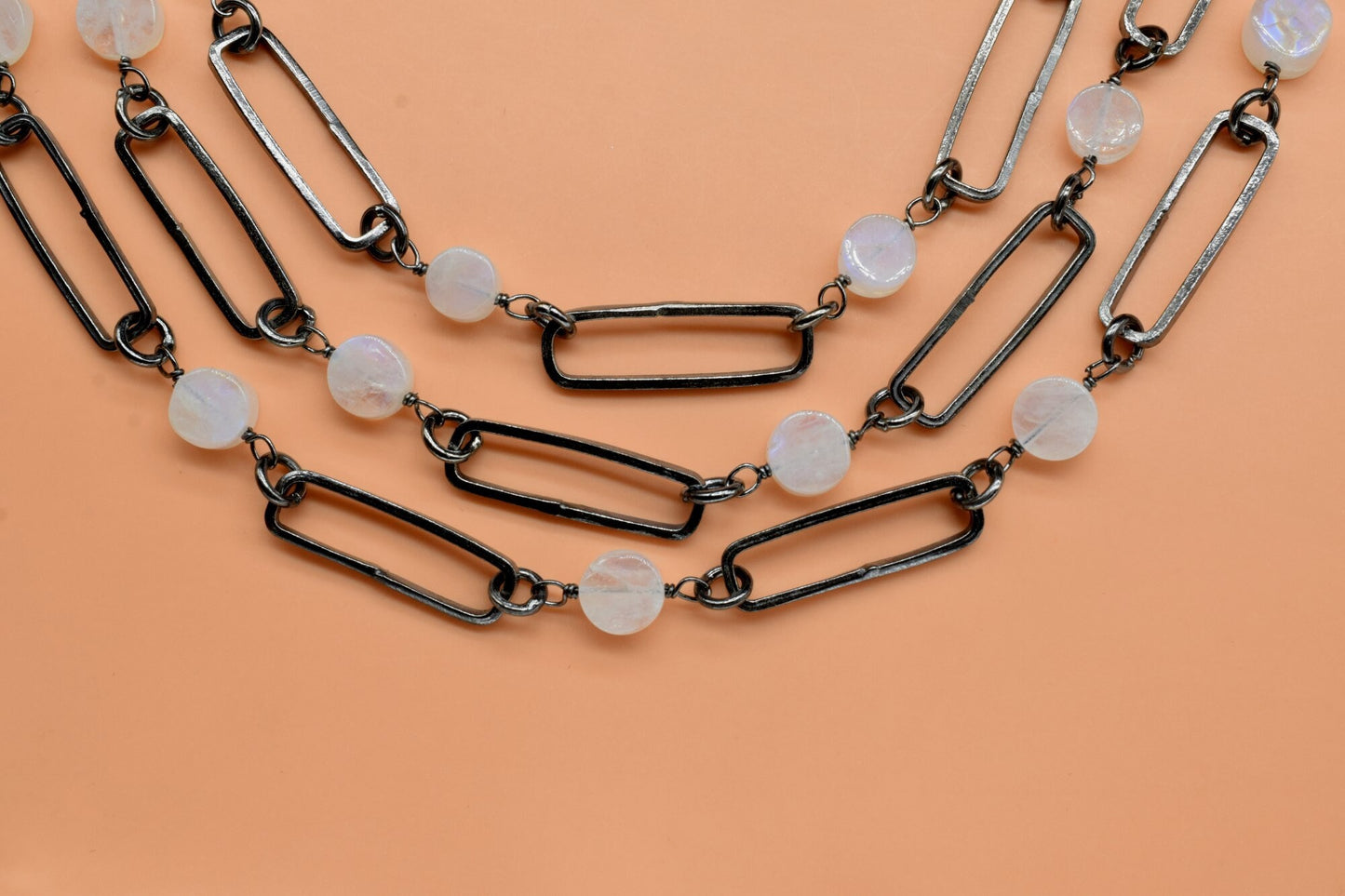 Foot Rainbow Moonstone Black Rosary Chain, Connector Chain by foot, Rainbow Moonstone Connector Chain, Bezeled Chain,Finding Connector Chain