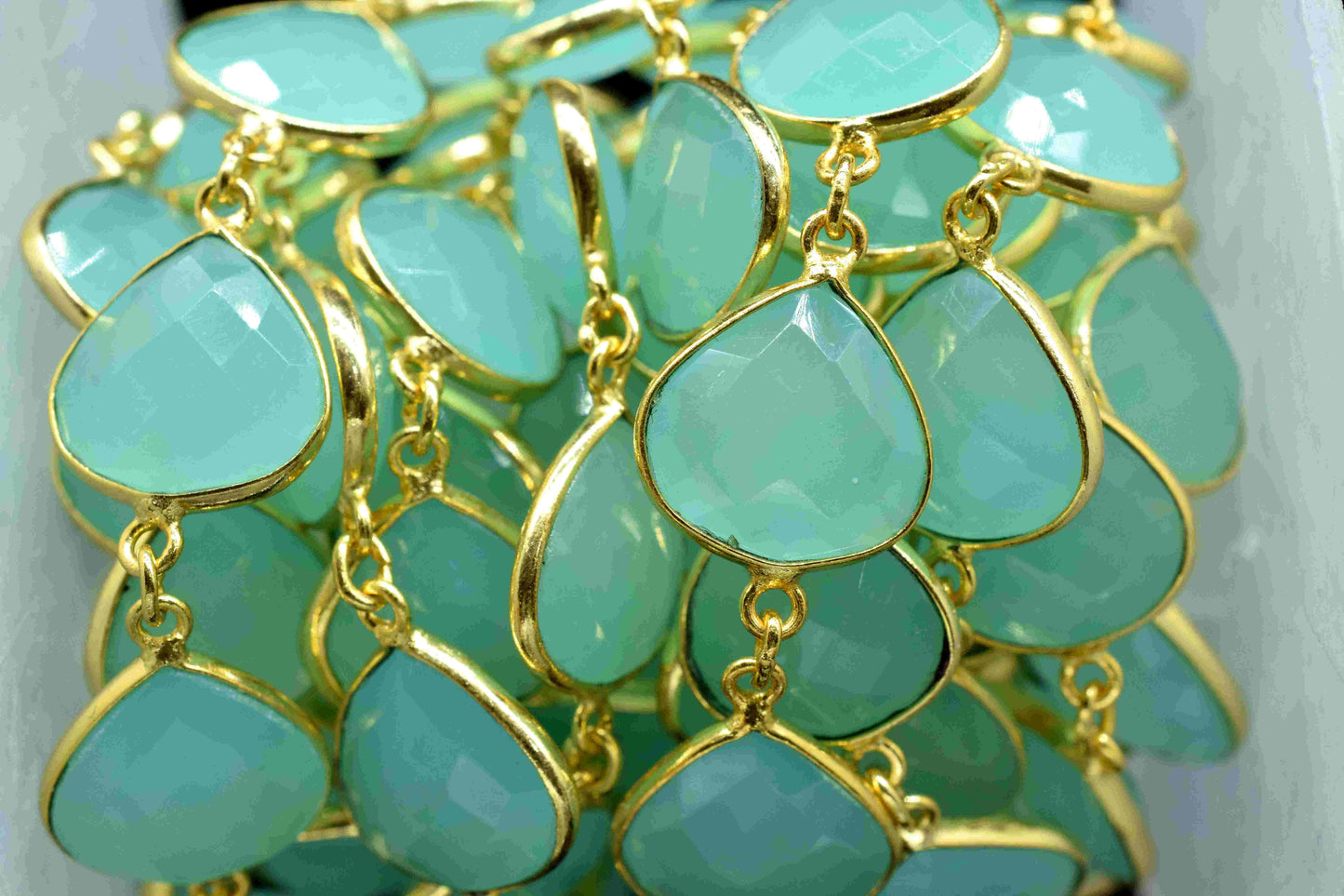 Aqua Chalcedony Heart Shape Connector Chain,12mm Heart Shape Chalcedony Bezel Connector Chain,Aqua Chalcedony FacetedGemstone,Gemstone Bezel