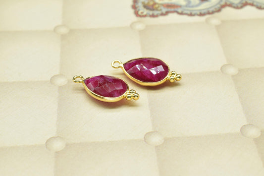 Ruby Faceted beads 10x14mm Bezel Charms Connectors,Ruby Charms Gold Plated Link Pendant Jewelry,Ruby Pear Shape Handmade Connector Jewelry