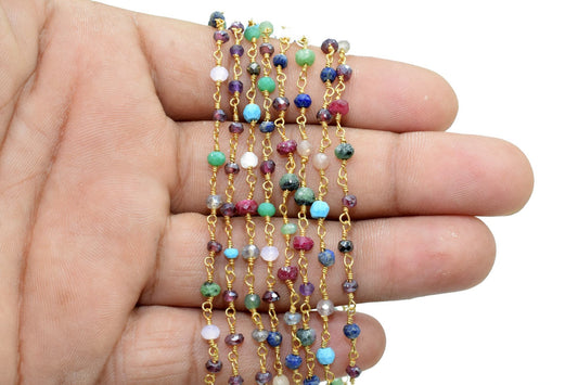 Multi stones 3mm Rosary Style Beaded Chain, Multi stones Faceted Beads Wire Wrapped Chain,Brass chains,Jewelry Making Chains,2mm Beads Chain