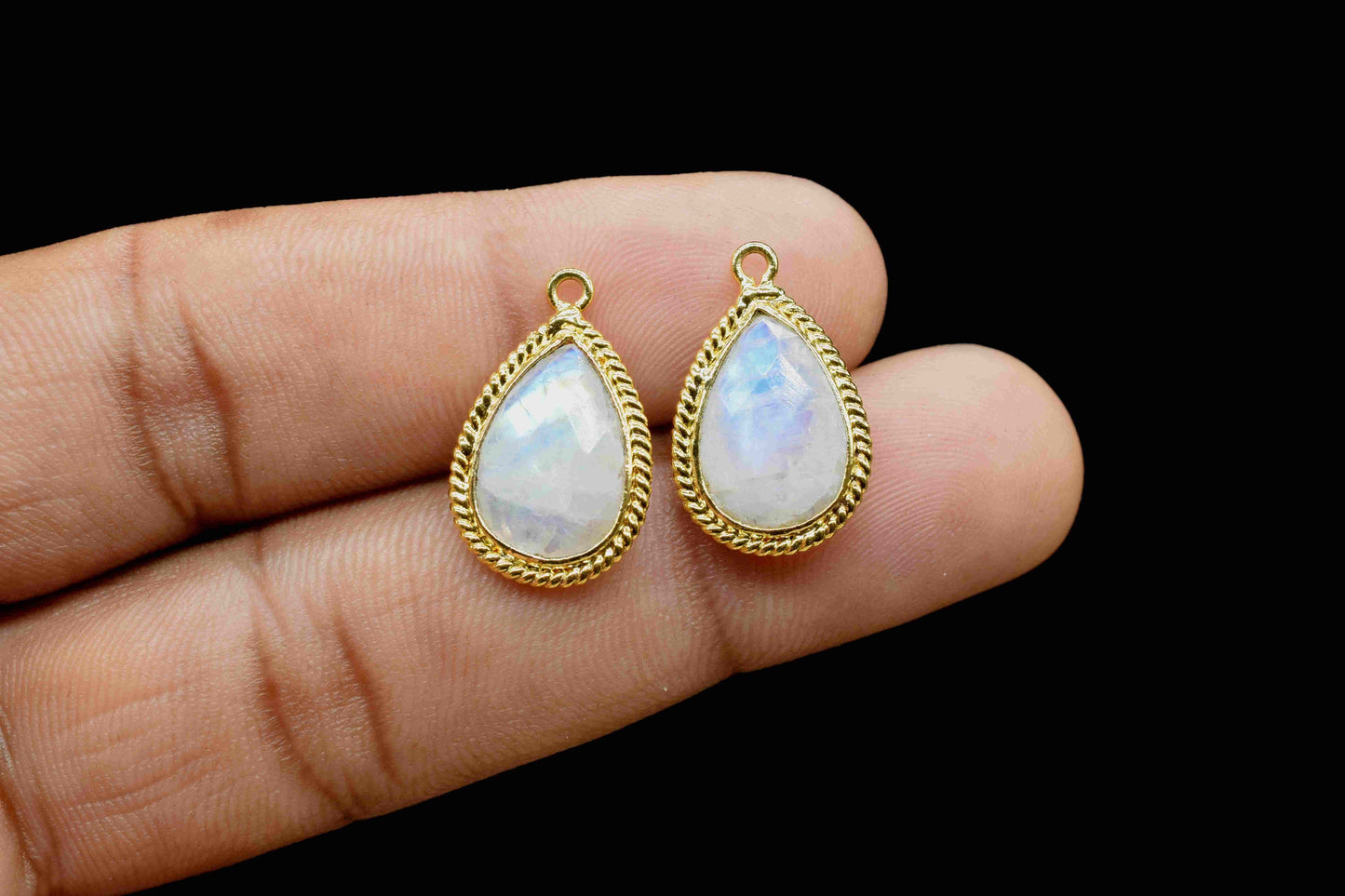 Rainbow Moonstone Pear Shape Single Bail Connector,Moonstone 9x13mm Teardrop Pendant,Moonstone Gold Plated Bezel,Jewelry Making Charms Gift