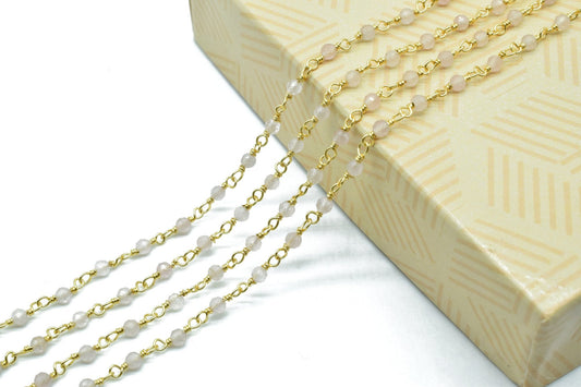 Rose Quartz 3mm Beaded Chain,light Pink Rosary Chain, Wire Wrapped Gold Chain,Rose quartz Gold Wire Wrapped Rosary Chain,Rosary Beaded Chain